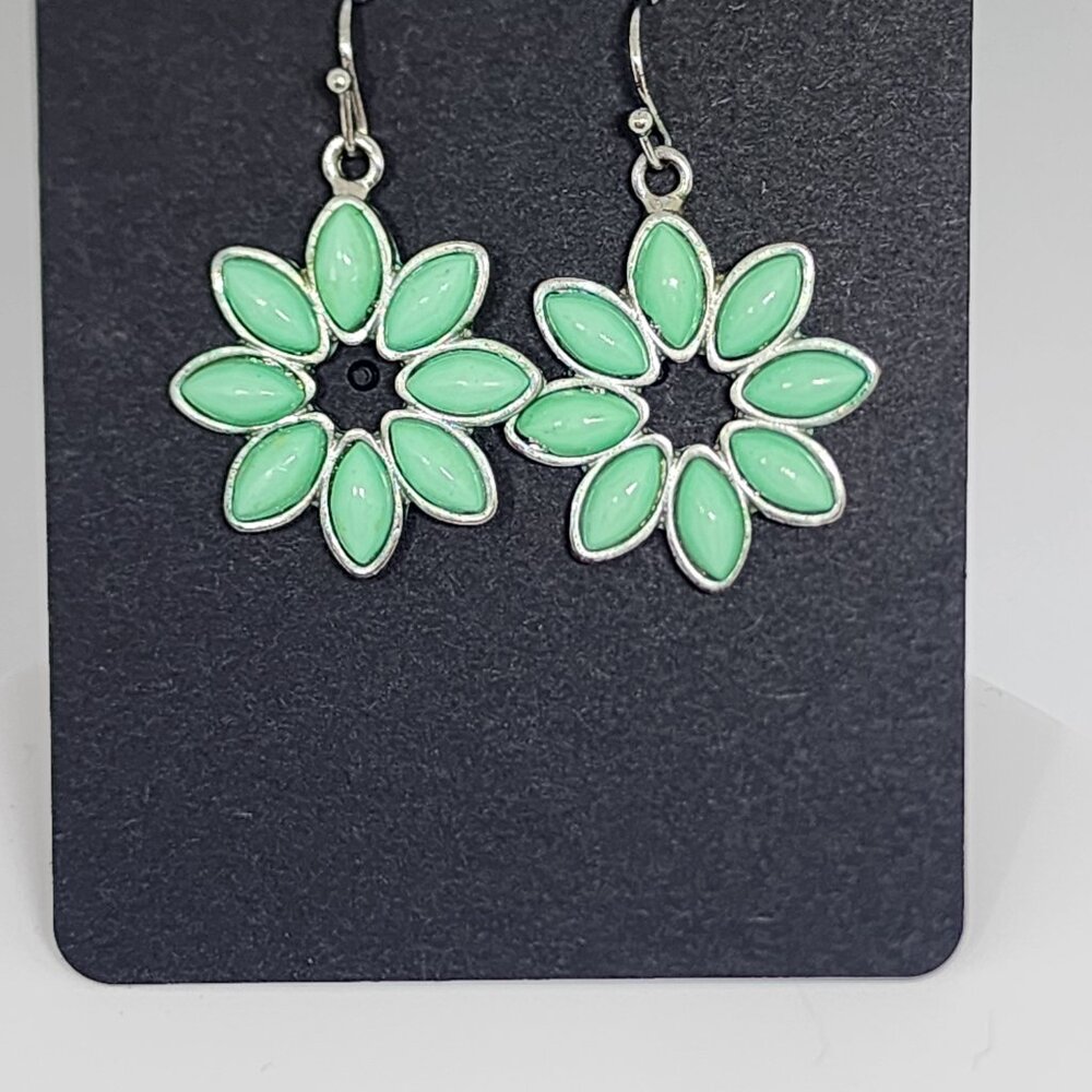Aqua Turquoise Blue 3D Flower Open Center Silver Metal Pierced Earrings